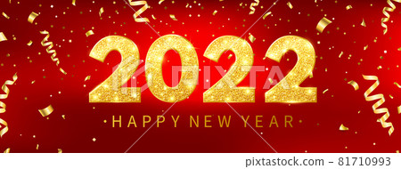 2022 Happy New Year greeting red card with golden confetti. Luxury party template. Gold celebration design. Merry Christmas poster with text and light number decor. Vector illustration 2022 Happy New Year greeting red card with golden confetti. Luxury party template. Gold celebration design. Merry Christmas poster with text and light number decor. Vector illustration 81710993