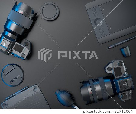 Top view of designer workspace and photography gear on black table background Top view of designer workspace and photography gear on black table background 81711064