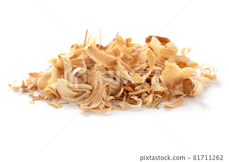 Wood shavings isolated on white background. Wooden shaving 81711262