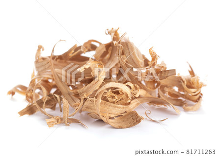 Wood shavings isolated on white background. Wooden shaving 81711263