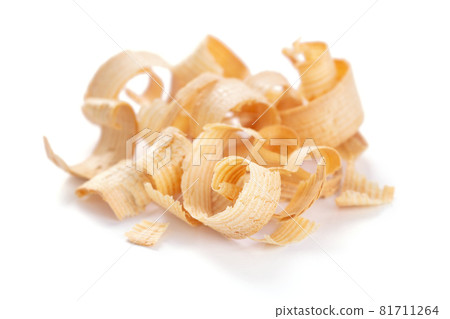 Wood shavings isolated on white background. Wooden shaving 81711264