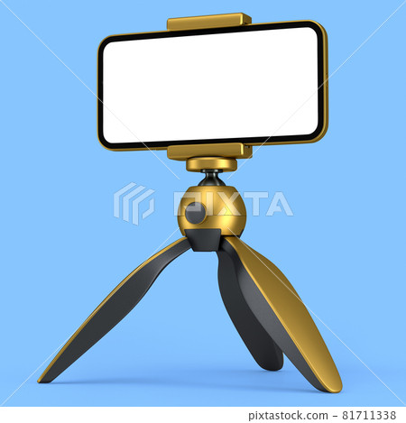 Realistic smartphone with blank white screen on gold tripod isolated on blue 81711338