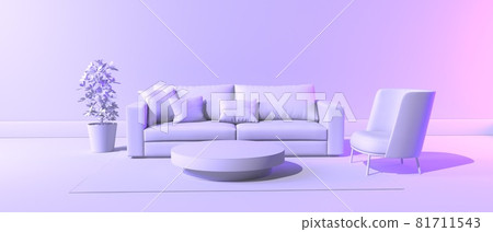 Living room with a sofa - Monochrome minimal theme - 3D Living room with a sofa - Monochrome minimal theme - 3D 81711543