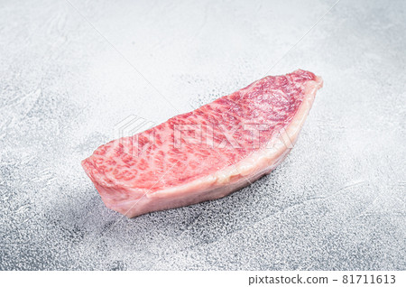 Raw wagyu rump sirloin steak, kobe beef meat. White background. Top view Raw wagyu rump sirloin steak, kobe beef meat. White background. Top view 81711613