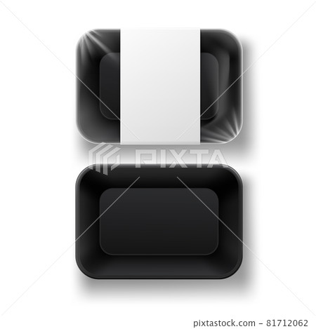 Realistic design template with black food tray on white background top view. 81712062