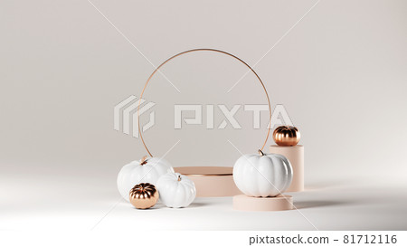 3d luxury layout Halloween scene with product podium on white background. Pumpkins stage with display podium. Autumn 3d design template for banner, advertisement mockup for Halloween or Thanksgiving 81712116