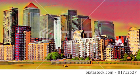 Illustration of the city skyline, residential buildings on the other side of the shore, beautiful buildings 81712527