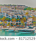 Illustration of a small port with yachts and ships in sunny Spain 81712529