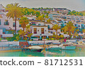 Illustration of a small port with yachts and ships in sunny Spain 81712531