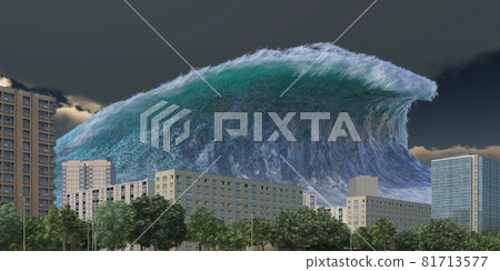 Tsunami wave apocalyptic water view urban flood Storm. 3D illustration 81713577