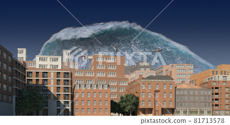 Tsunami wave apocalyptic water view urban flood Storm. 3D illustration 81713578