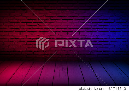 Neon light on brick wall texture background. Lighting effect red and blue neon background 81715540