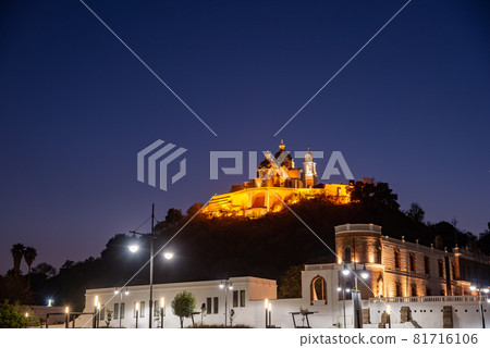 Night view of the ruins of Cholula and the Church of Our Lady of Remedios built on the Mexican pyramid Night view of the ruins of Cholula and the Church of Our Lady of Remedios built on the Mexican pyramid 81716106