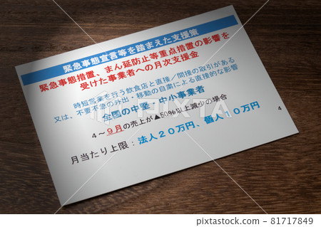 Monthly support for businesses affected by emergency measures and priority measures to prevent the spread of infection Support measures in light of the declaration of a state of emergency, etc. 81717849