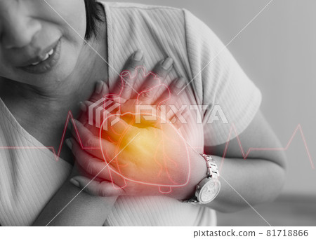 Woman use hand to hole on chest with pain and suffer face from heart disease with heart shape graphic design on top layer. Concept of ST Elevated Myocardial Infarction Woman use hand to hole on chest with pain and suffer face from heart disease with heart shape graphic design on top layer. Concept of ST Elevated Myocardial Infarction 81718866