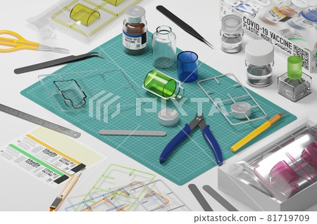 Isometric 3D rendering Covid-19 vaccine bottle Plastic Model toy and Tool Kit hobby, Crisis shortage concept design on white background with copy space Isometric 3D rendering Covid-19 vaccine bottle Plastic Model toy and Tool Kit hobby, Crisis shortage concept design on white background with copy space 81719709