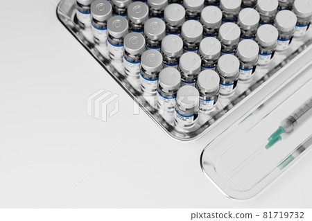 3D rendering Covid-19 vaccine bottle tray and syringe, Vaccination Campaign for Herd immunity protection from pandemic concept design on white background with copy space 81719732