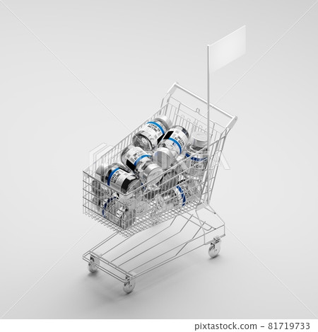 Isometric 3D rendering Covid-19 vaccine bottle and Shopping cart with blank flag, Crisis shortage concept design on white background with copy space 81719733