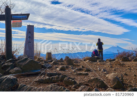 The summit sign of Mt. Odake in Okutama, Tokyo and Mt. Fuji The summit sign of Mt. Odake in Okutama, Tokyo and Mt. Fuji 81720960