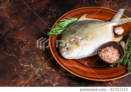 Fresh Raw Florida Pompano fish on a rustic plate. Dark background. Top view. Copy space 81721153