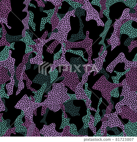 Abstract spotted vector seamless pattern. Bright Turquoise and purple dotted spots on black background.  81723807