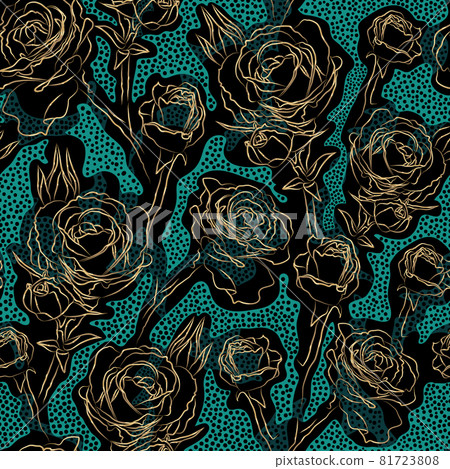 Dark colored floral vector seamless pattern. Golden contours rose flowers on spotted blue turquoise and black background.  81723808