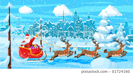 Santa claus rides reindeer sleigh 81724160