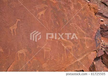 Site of ancient petroglyphs. Carved with giraffes, horses and other animals. Site of ancient petroglyphs. Carved with giraffes, horses and other animals. 81725505