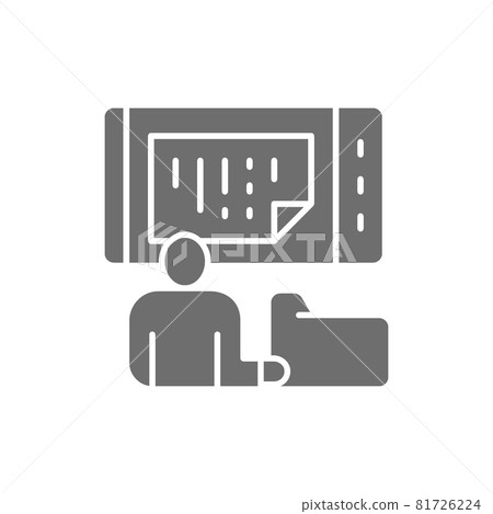 Man stores data in a phone, online storage, mobile database grey icon. 81726224