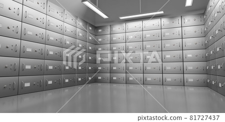 Bank safe boxes with closed steel doors in underground vault, perspective view. Realistic interior empty room with metal deposit lockers for money storage. Secure banking service concept, 3d render 81727437