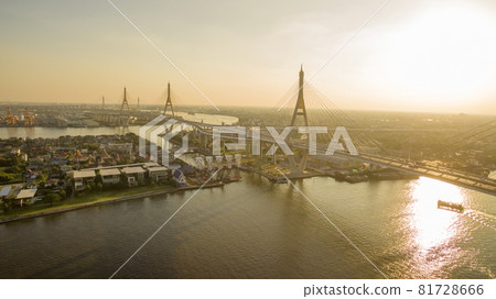 aerial view of chaopraya river and bhumibol bridge in bangkok thailand 81728666