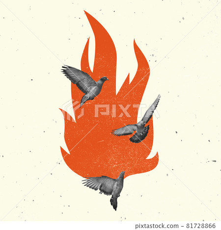 Contemporary art collage, modern creative design. Idea, inspiration, saving environment, environmental care, ecology. Birds and fire 81728866