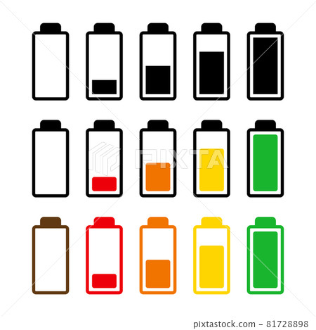 Battery charge level icon set. Symbol of power indicator of mobile phone accumulator.  Simple flat design. Vector illustration isolated on white. 81728898