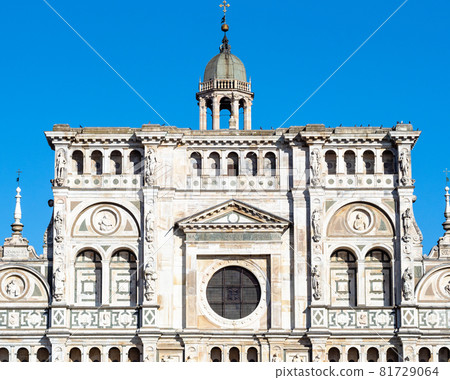 Travel to Italy - facade of church in Certosa di Pavia Gra-Car (Carthusian Monastery, Monastero di Santa Maria delle Grazie, Santuario Gratiarum Carthusia) near Pavia city, Lombardy in spring 81729064