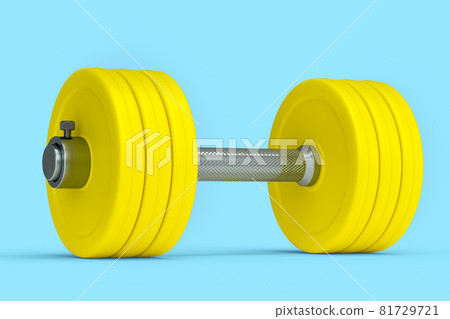 Metal dumbbell with yellow disks isolated on blue background Metal dumbbell with yellow disks isolated on blue background 81729721