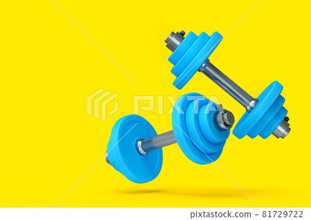 Pair of dumbbell with blue disks isolated on yellow background Pair of dumbbell with blue disks isolated on yellow background 81729722