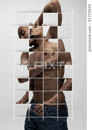 Original art collage of handsome african man isolated over white background. Sliding puzzle effect of portraits Original art collage of handsome african man isolated over white background. Sliding puzzle effect of portraits 81729859