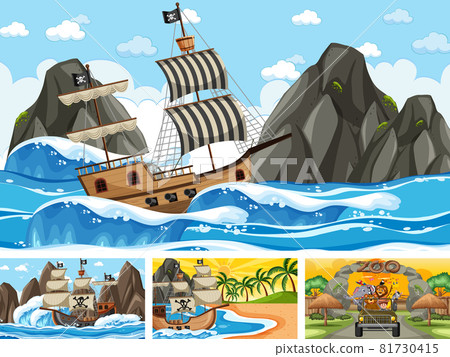 Set of different scenes with pirate ship at the sea and animals in the zoo Set of different scenes with pirate ship at the sea and animals in the zoo 81730415