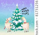 Alpacas celebrates christmas, winter concept, design postcard poster congratulation, vector illustration 81731256