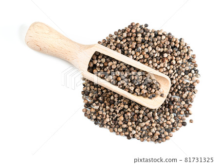 top view of wood scoop on pile of monk's pepper (Vitex) on white background 81731325