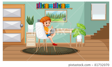 Boy learning from home on electronic device Boy learning from home on electronic device 81732070