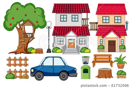 A house with outdoor decoration set isolated A house with outdoor decoration set isolated 81732086