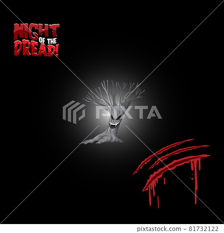 Night of the dread word logo with creepy tree and bloody scratch Night of the dread word logo with creepy tree and bloody scratch 81732122