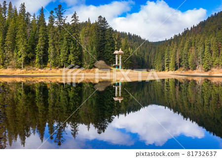 mountain lake among coniferous forest. beautiful autumn landscape with fluffy clouds on the sky. scenery reflecting in the calm water. popular destination of synevyr national park, ukraine mountain lake among coniferous forest. beautiful autumn landscape with fluffy clouds on the sky. scenery reflecting in the calm water. popular destination of synevyr national park, ukraine 81732637