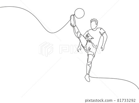 One single line drawing of young happy football player with short sleeve jersey kicking the ball while he's jumping. Soccer match sports concept. Continuous line draw design vector illustration 81733292