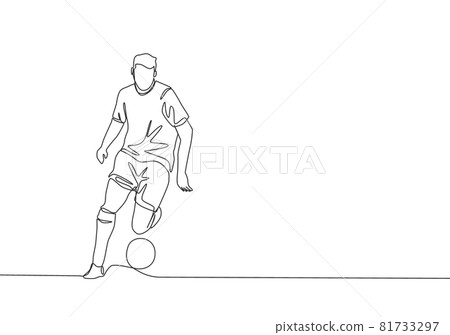 One single line drawing of young football playmaker dribbling a ball so calm at the match. Soccer match sports concept. Continuous line draw design vector illustration One single line drawing of young football playmaker dribbling a ball so calm at the match. Soccer match sports concept. Continuous line draw design vector illustration 81733297