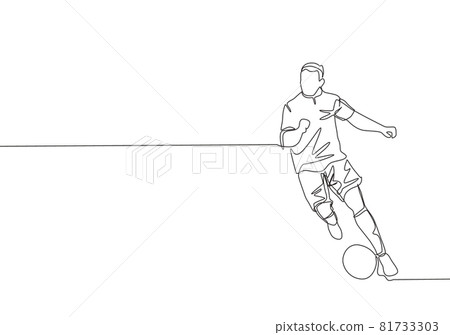 One single line drawing of young talented football midfielder dribbling a ball to the opponents area. Soccer match sports concept. Continuous line draw design vector illustration One single line drawing of young talented football midfielder dribbling a ball to the opponents area. Soccer match sports concept. Continuous line draw design vector illustration 81733303