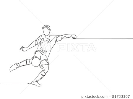 Single continuous line drawing of young energetic football striker shooting a first time kick technique. Soccer match sports concept. One line draw design vector illustration 81733307