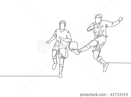One continuous line drawing of young energetic football player doing ball clearance to keep his area safe from opponent attack. Soccer match sports concept. Single line draw design vector illustration One continuous line drawing of young energetic football player doing ball clearance to keep his area safe from opponent attack. Soccer match sports concept. Single line draw design vector illustration 81733319