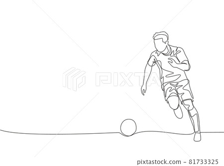 One continuous line drawing of young energetic football player dribbling the ball to the opponent area. Soccer match sports concept. Single line draw design vector illustration One continuous line drawing of young energetic football player dribbling the ball to the opponent area. Soccer match sports concept. Single line draw design vector illustration 81733325